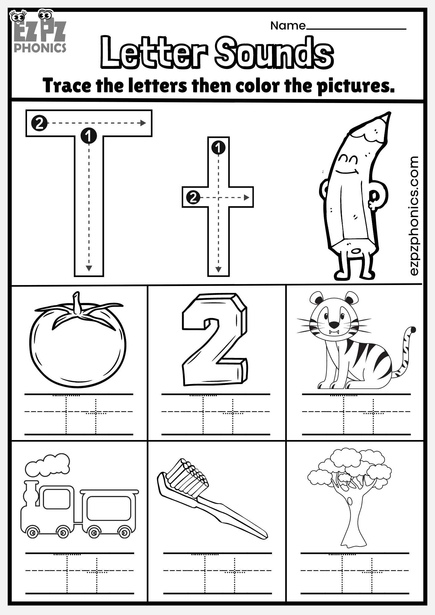 Letter Tt Trace and Color the Pictures Free PDF Download